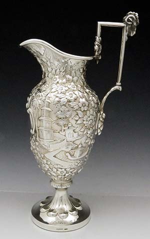 A E Warner antique coin silver ewer landscape hand chased early